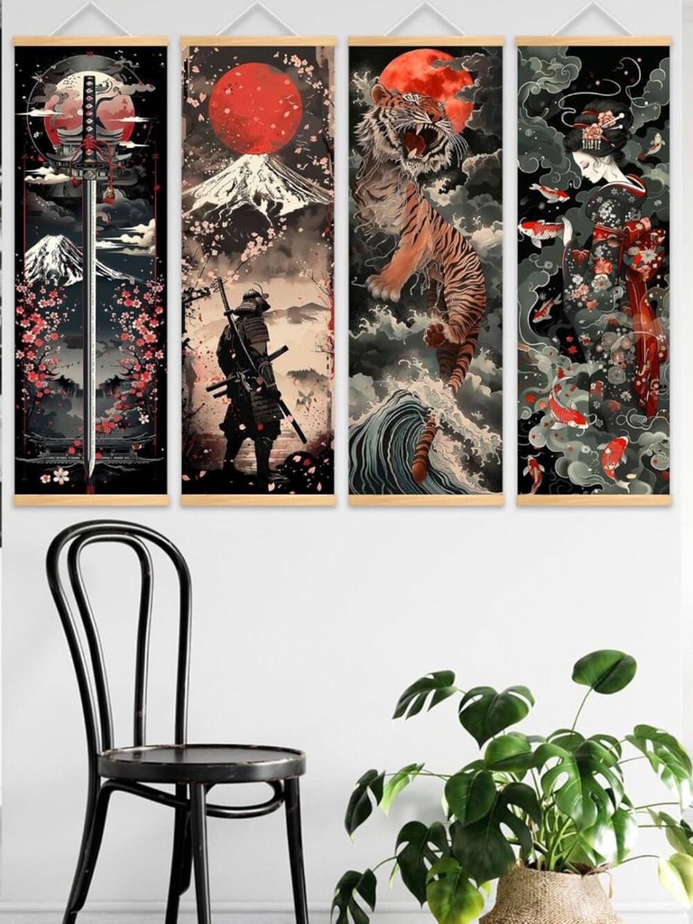 Japanese Wall Art, 11.81x35.43in Geisha and Samurai Canvas Painting